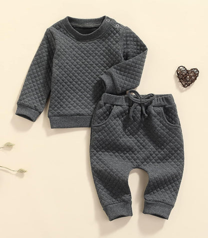 Newborn Baby Boy Girl Clothes Diamond Lattice Unisex Solid Outfit Long Sleeve Warm Pullover Pant Set